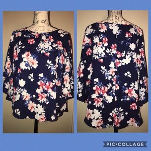 Elle Navy Floral Cape Blouse Sz XXL